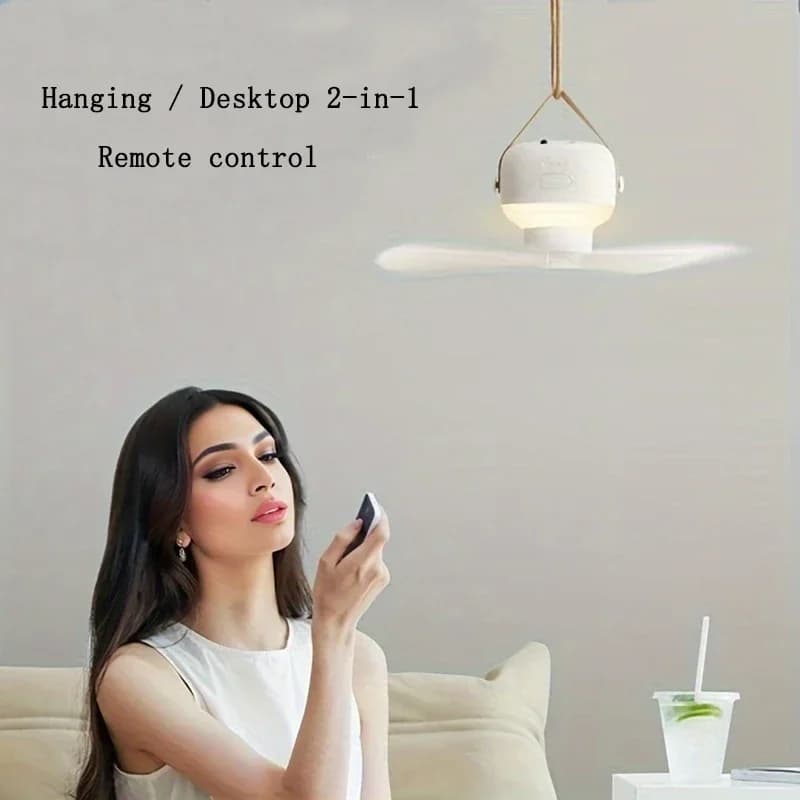 مروحة سقف صغيرة محمولة مع إضاءة LED تعمل بالـ USB مع جهاز تحكم عن بعد وحامل وإضاءة ليلية - هدايا السنة الجديدة - 3