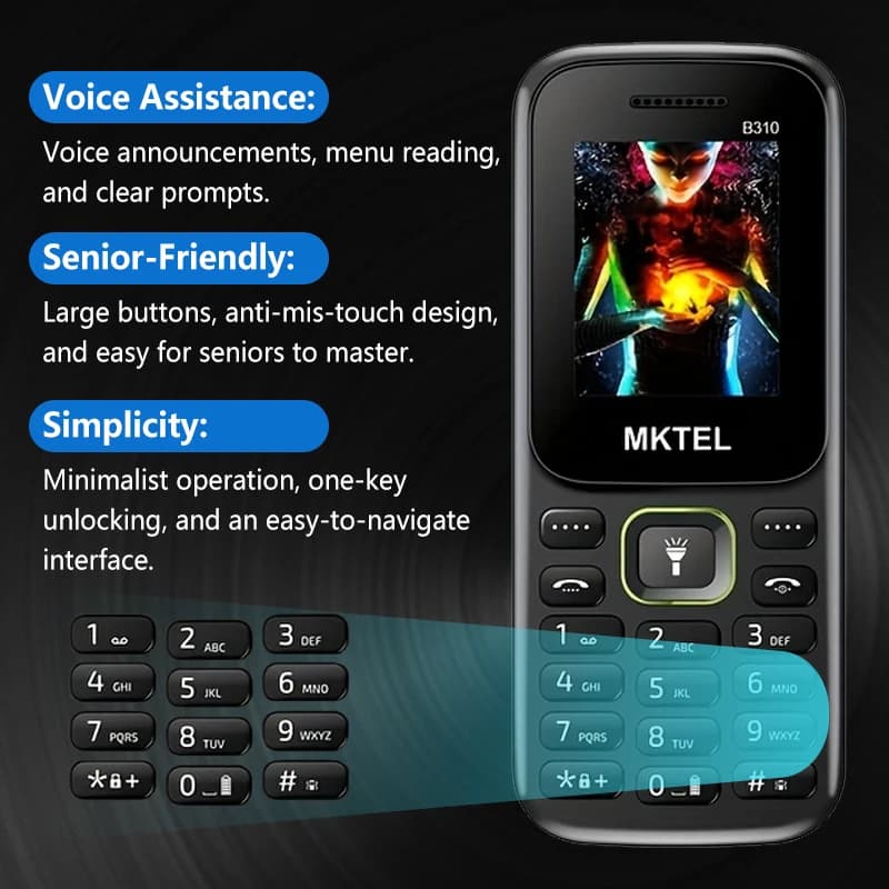 هاتف B310 بشاشة 1.77 بوصة، هاتف ذو شريحتين، معالج SC6531E، بلوتوث، راديو FM، مشغل MP3، كشاف، بطارية 800mAh، هاتف أساسي مفتوح - 3