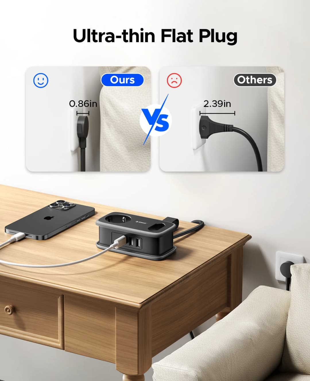 شريط طاقة ORICO للسفر مع قابس EU ذكي، مقبس متعدد، سلك تمديد 3.6 قدم، محطة شحن 5 منافذ USB A و Type C، حامل محول - 5