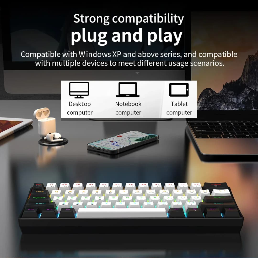 لوحة مفاتيح ميكانيكية سلكية للألعاب 60% بإضاءة RGB خلفية، تصميم مدمج صغير الحجم، مثالية للاعبي الكمبيوتر/ماك والكتابة، سهلة الحمل - 6