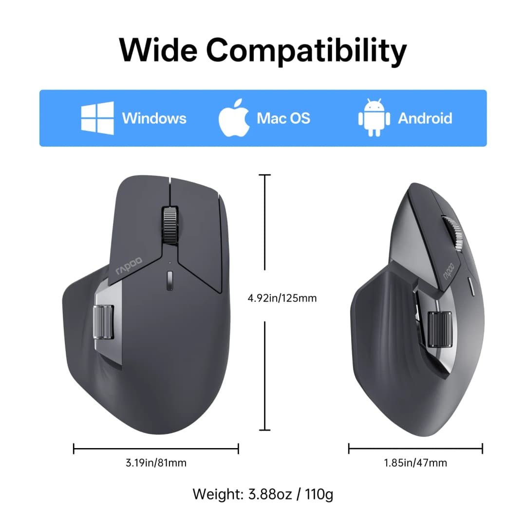Rapoo MT760PRO Wireless Mouse NearLink + Bluetooth 5.0 Multi-Device 12000 DPI 2K Polling Rate Ergo for Work Gaming Quiet Clicks - 6