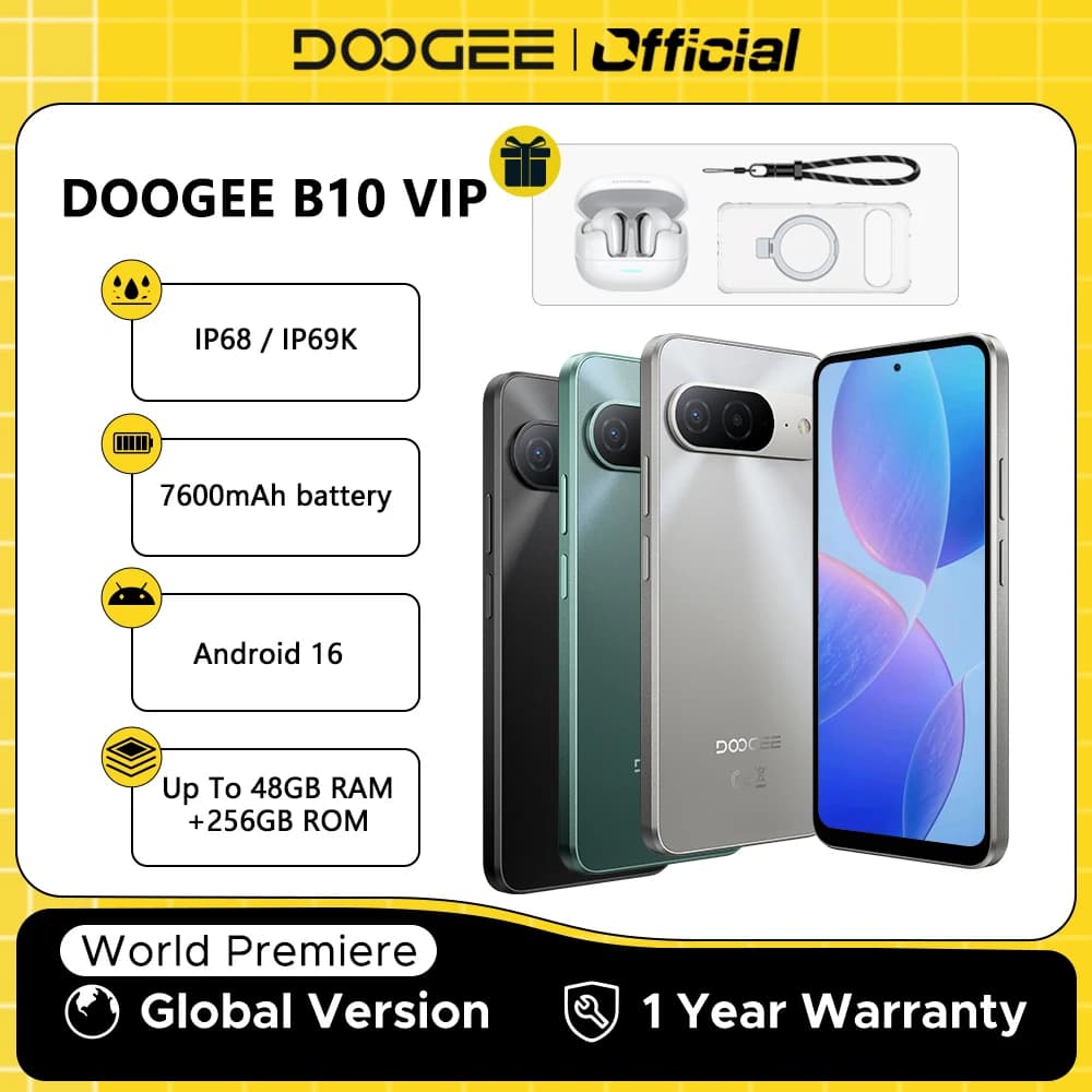 هاتف DOOGEE B10 الإصدار العالمي أندرويد 16 بطارية 7600 مللي أمبير 6 جيجابايت 256 جيجابايت شاشة 6.6 بوصة كاميرا 64 ميجابكسل AI مقاوم للماء IP68 / IP69K