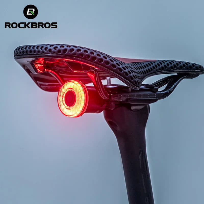 ROCKBROS إضاءة ذكية لذيل الدراجة إضاءة خلفية للدراجة مقاومة للماء IPX6 إضاءة دراجة للقيادة الليلية مع منفذ Type C قابل لإعادة الشحن