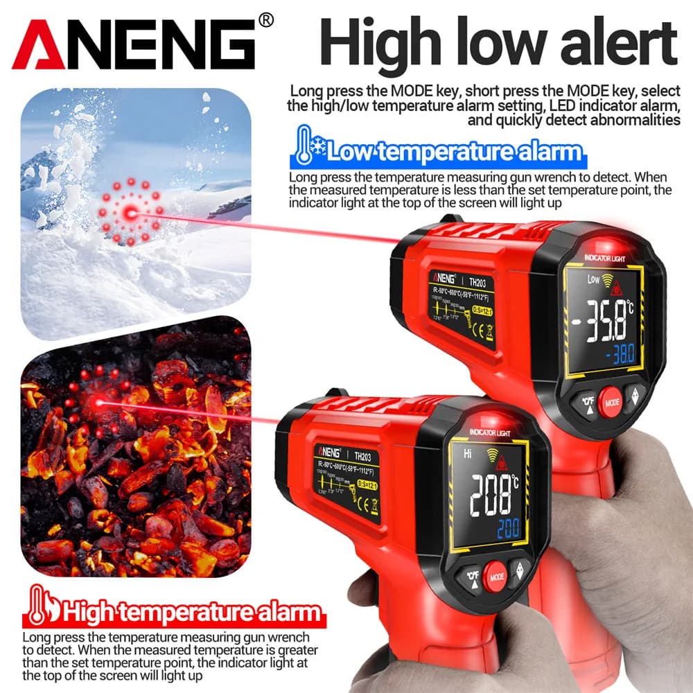 مقياس حرارة الأشعة تحت الحمراء الرقمي من أنينج TH203 -50~600℃ مقياس حرارة غير تلامسي جهاز اختبار مقياس رطوبة أداة صناعية - 3