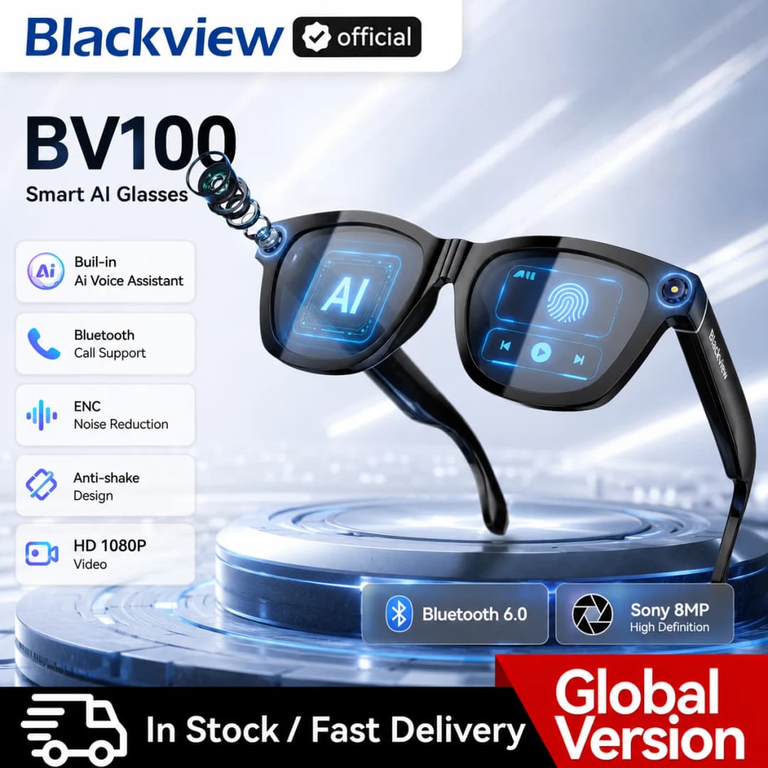 نظارات بلاكفيو الذكية BV100، كاميرا HD، بلوتوث 5.4، بطارية 220 مللي أمبير، مكبرات صوت ستيريو بجهير، ميكروفون إلغاء الضوضاء، كشف الارتداء