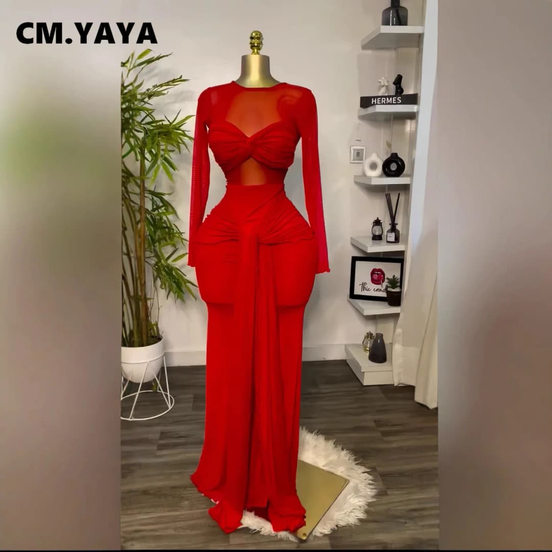 CM.YAYA Women Mesh See Though Long Sleeve Maxi Bowknot Long Dress 2025 Evening Sexy Club Party Evening High Street Dresses - 3