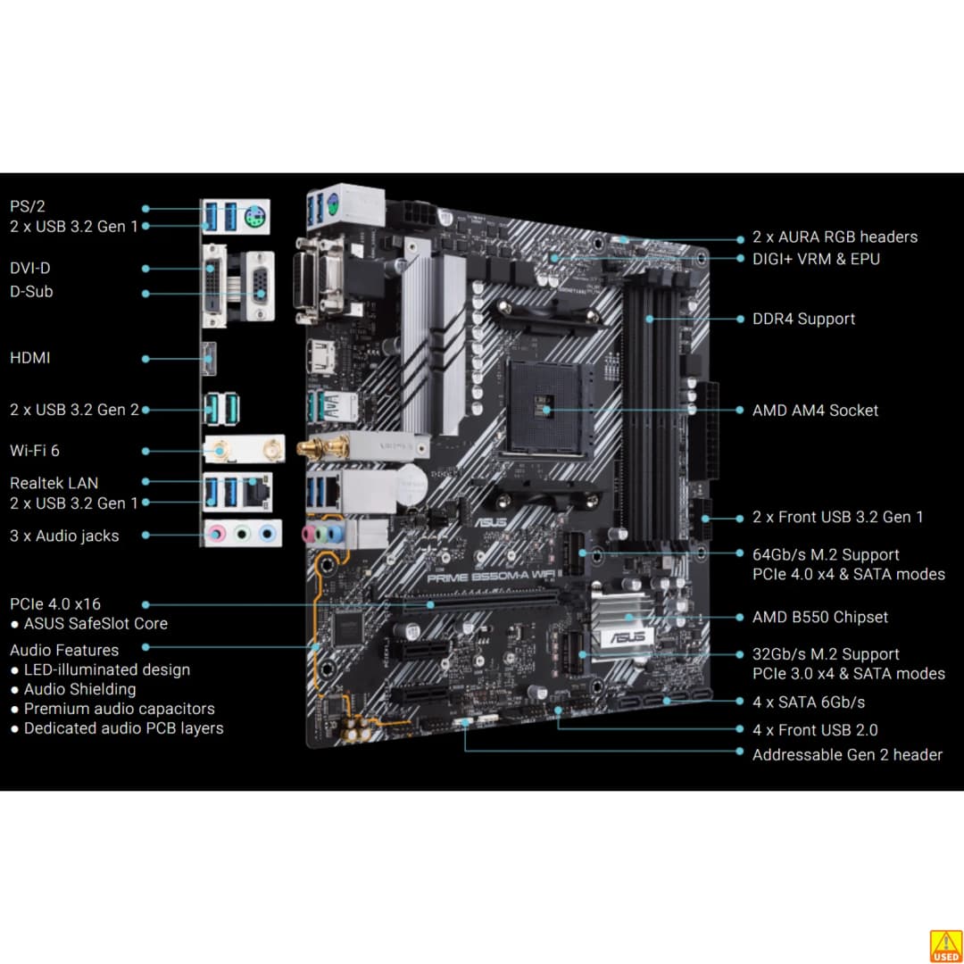 أسوس PRIME B550M-A WIFI II لوحة أم بمقبس AM4، معالج DDR4 بتردد 4866 (O.C)، مجموعة شرائح B550، لوحة رئيسية - 2