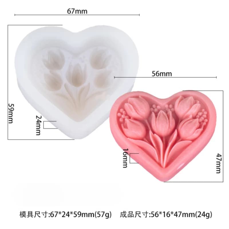 قالب سيليكون لشموع على شكل زهرة توليب قلبية – مجموعة حرف يدوية لصنع الشموع المعطرة والجص والصابون بنسيج واضح - 6