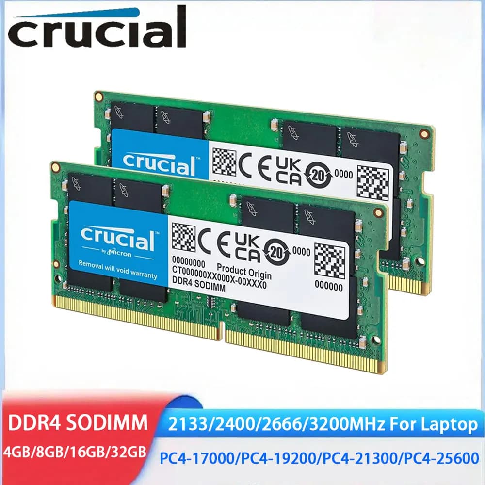 ذاكرة رام Crucial DDR4 بسعة 16 جيجابايت و32 جيجابايت و4 جيجابايت و8 جيجابايت بتردد 3200 ميجاهرتز و2133 و2400 و2666 ميجاهرتز لذاكرة الكمبيوتر المحمول SODIMM PC4-25600 و21300 و19200 و17000 متوافقة مع معالجات Intel وAMD
