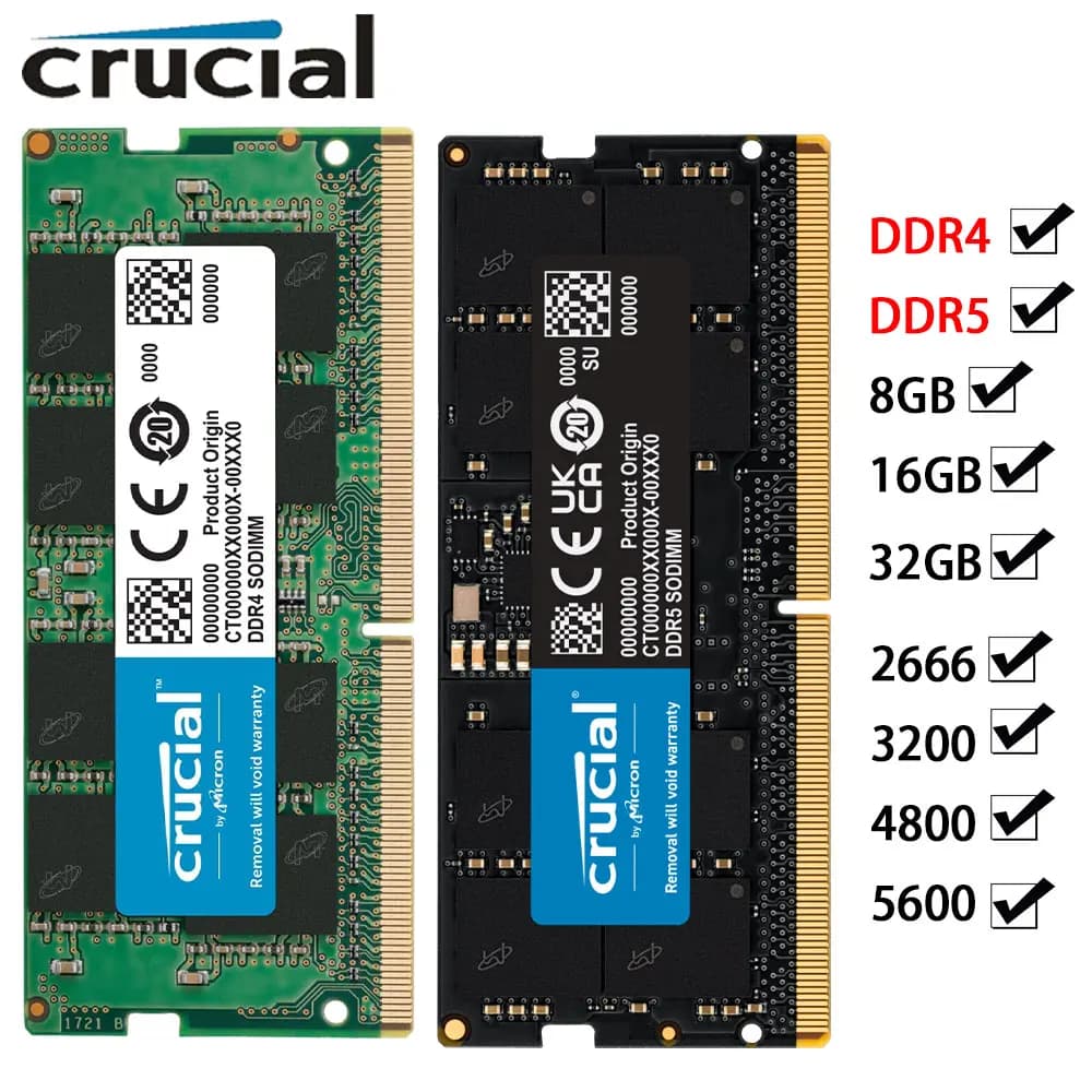 ذاكرة رام للابتوب من Crucial DDR5 وDDR4 بسعات 32 جيجابايت و16 جيجابايت و8 جيجابايت بسرعات 2666 و3200 و5600 و4800 ميجاهرتز لأجهزة الكمبيوتر المحمولة
