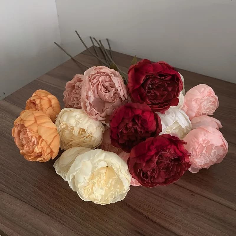 3heads peony cored peony artificial flower fake rose wedding living room decoration - 6