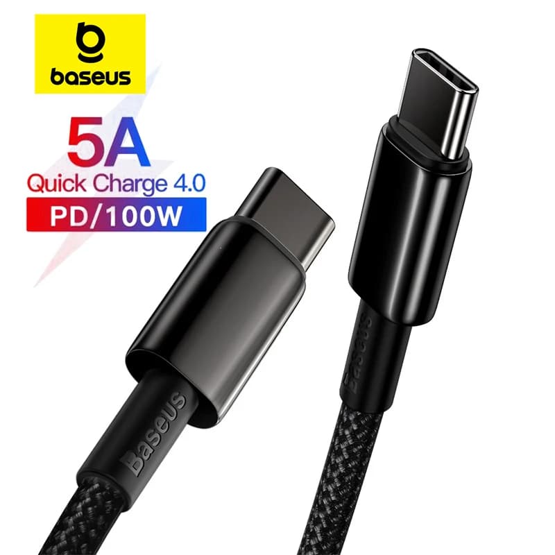 كابل Baseus Type C بقوة 100 واط لهاتف iPhone 15 وشحن سريع USB C PD لسامسونج وشاومي وماك بوك