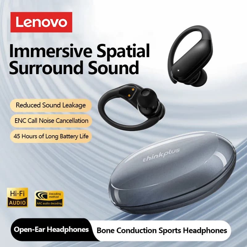 سماعات رأس لينوفو XT55 لاسلكية بلوتوث 5.4، صوت محيطي HIFI، مكالمات HD، خطاف أذن OWS، إلغاء الضوضاء، سماعات رياضية