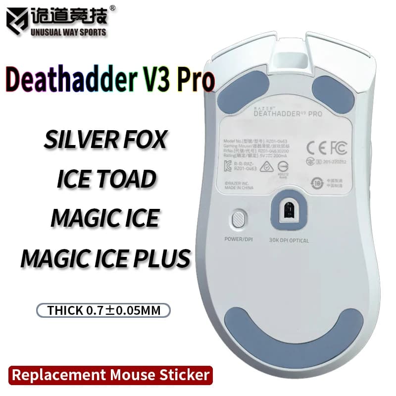 أقدام تزحلق ماوس UnusualWaySports Razer Deathadder V3 Pro PTFE حافة منحنية إصدار Magic Ice Black Silver Fox