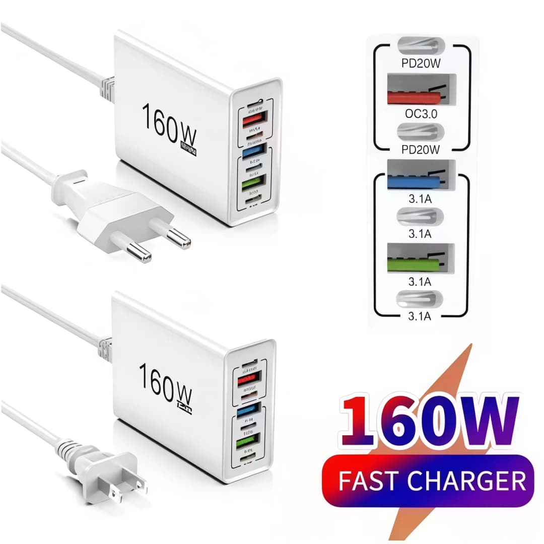 شاحن USB 160W 7 منافذ محطة شحن سريع متعددة الأجهزة PD QC3.0 كابل مدمج لهواتف آيفون سامسونج شاومي آيباد قابس EU US