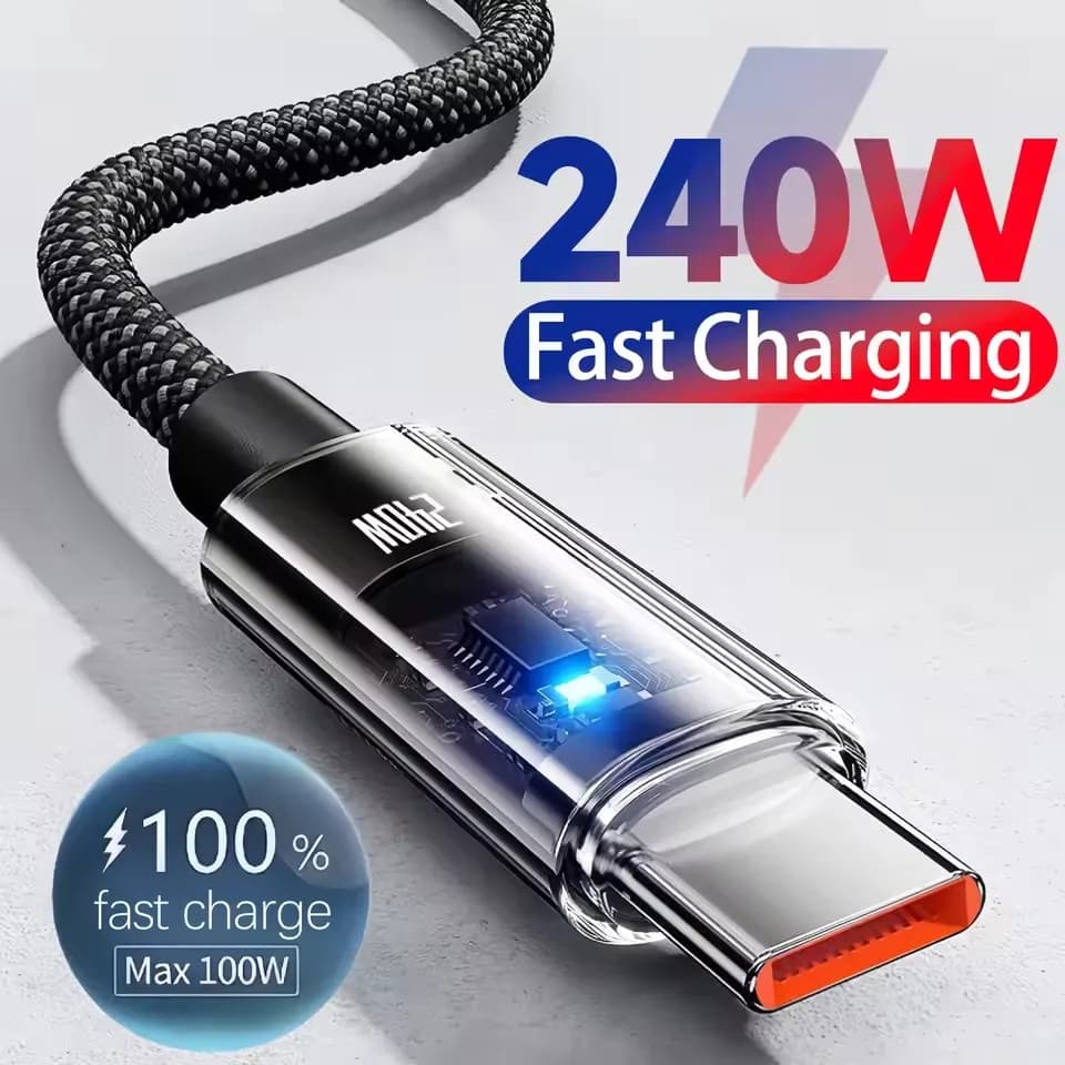 كابل شحن سريع جدًا من النايلون 240 واط USB Type C مع شاشة LED رقمية لهواتف سامسونج وشاومي وهواوي وأونور