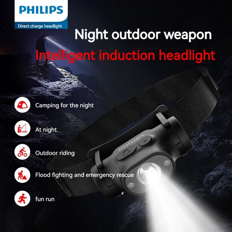 Philips مصباح رأس SFL1851 صغير قابل لإعادة الشحن عبر USB مع ضوء قابل للتعديل 50 درجة لمصباح الرأس للتخييم والبحث في الهواء الطلق