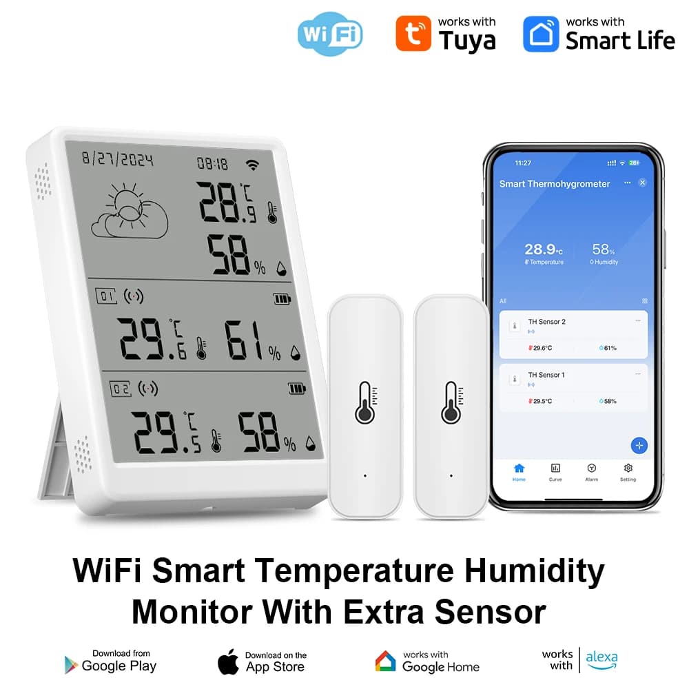 محطة طقس تویا واي فاي مقياس حرارة رقمي مقياس رطوبة الغرفة RF433 أجهزة استشعار درجة الحرارة والرطوبة الداخلية والخارجية ساعة حائط وطاولة - 2