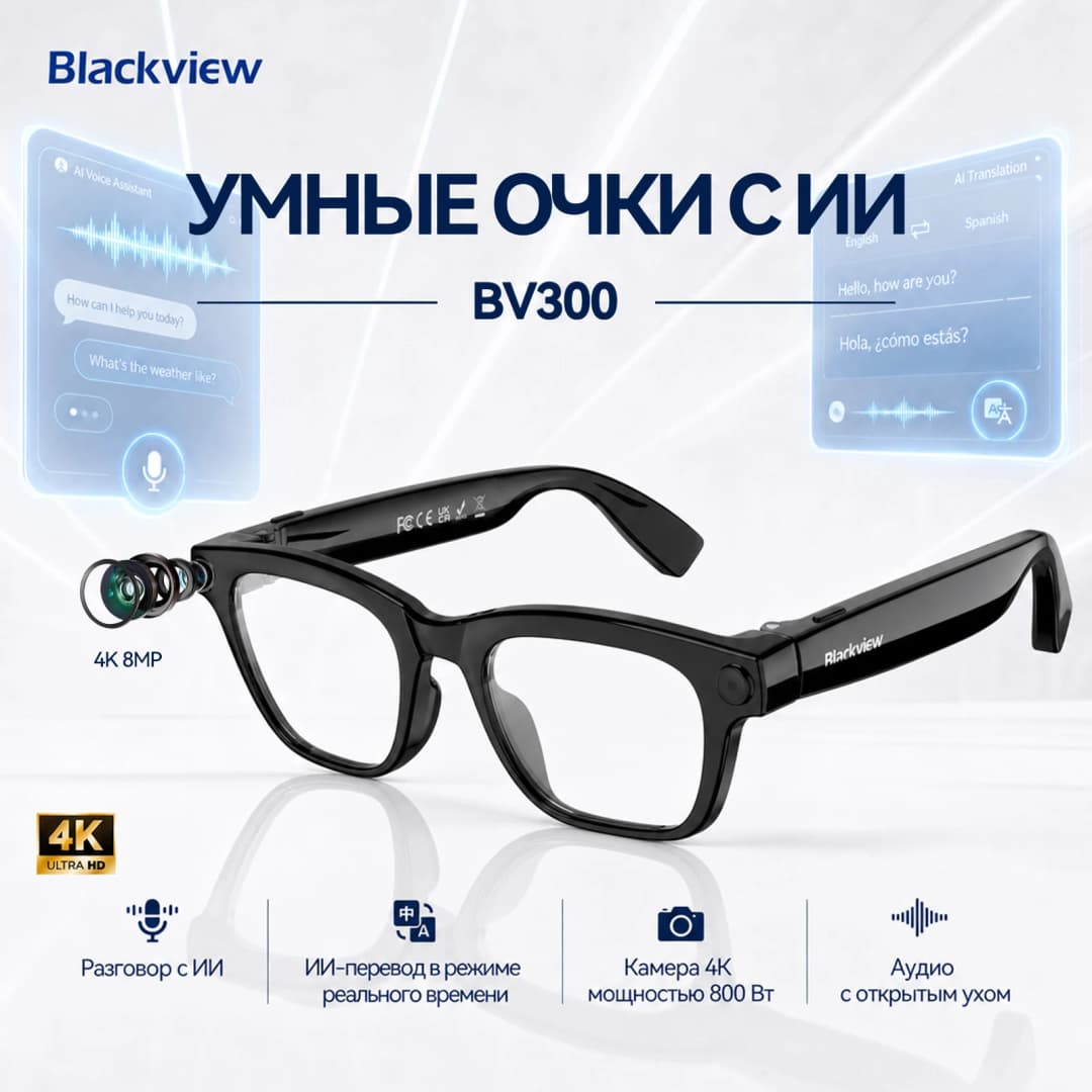 نظارات بلاك فيو بي في 300 الذكية بدقة 4K وكاميرا 8 ميجابكسل وتسجيل فيديو بالذكاء الاصطناعي وترجمة لأكثر من 150 لغة مع عدسات نظارات شمسية مجانية للنساء