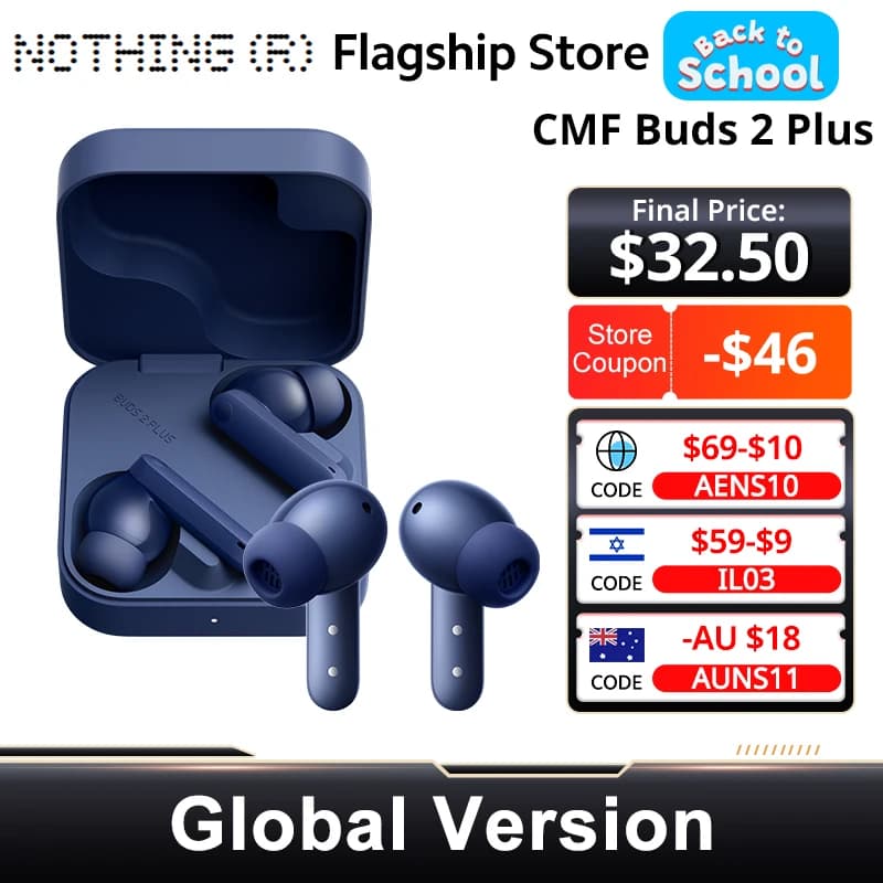 سماعات CMF من Nothing Buds 2 بلس نسخة عالمية جديدة 50dB عزل ضوضاء هجين بطارية طويلة عمر صوت عالي الدقة IP55 متوافقة مع البلوتوث