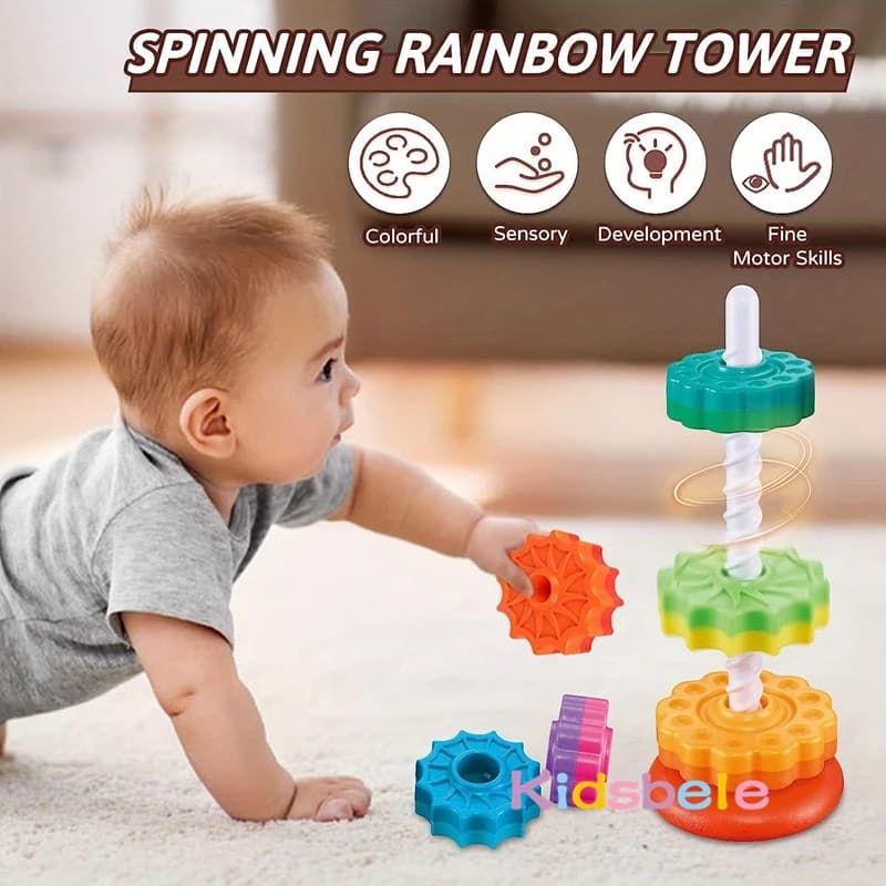 Rotated Rainbow Spinning Stacking Toys Baby Early Education Puzzle Development Intelligence Ring Toy For Kids Boys Wheel For Kid - 4