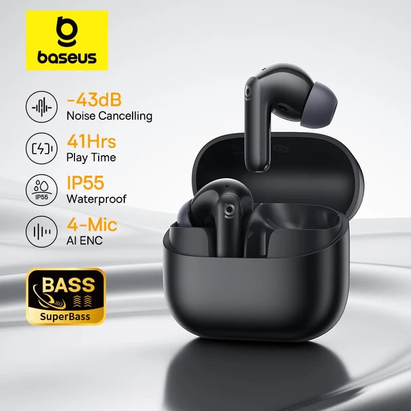 سماعات أذن لاسلكية حقيقية Baseus Bass EP10 NC مع إلغاء الضوضاء -43dB بلوتوث 6.0 سماعات أذن لاسلكية مع 4 ميكروفونات ENC