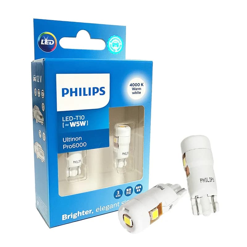 مصابيح داخلية للسيارة Philips LED T10 W5W Ultinon Pro6000، 4000K و6000K، بيضاء ساطعة، إشارة دوران بدون وميض أو أخطاء