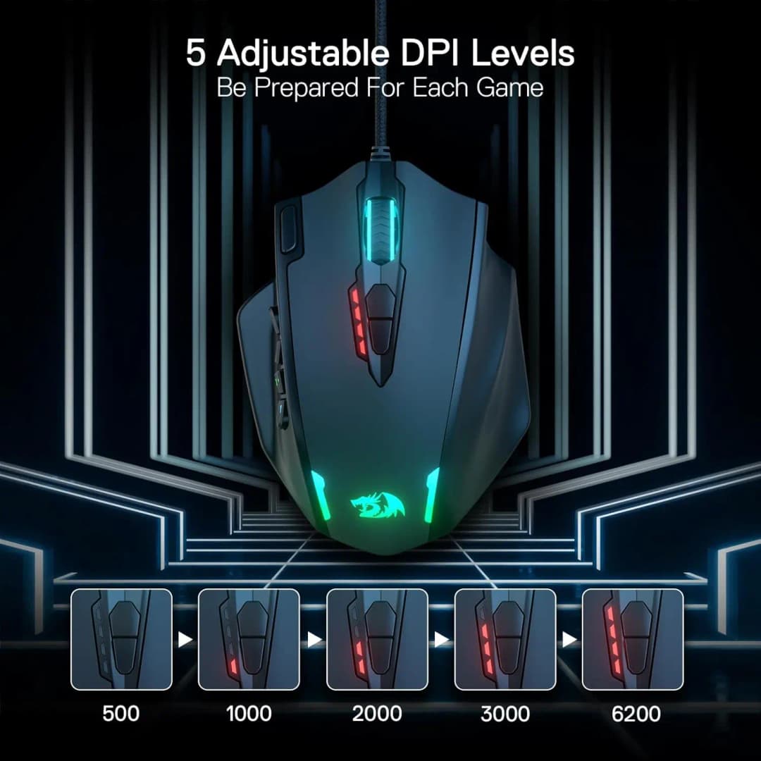 ماوس ألعاب سلكي Redragon M908 بإضاءة LED خلفية RGB، 18 زرًا قابل للبرمجة، دقة 12400 DPI - 4
