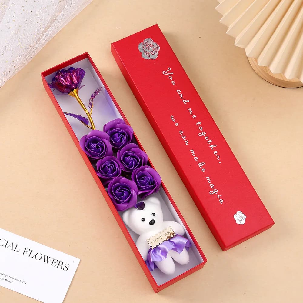 Plush Bear Artificial Flower Gift Box Soap Rose Flowers 24K Gold Foil Rose Valentines Day Mother Day Gift Wedding Home Decor - 4
