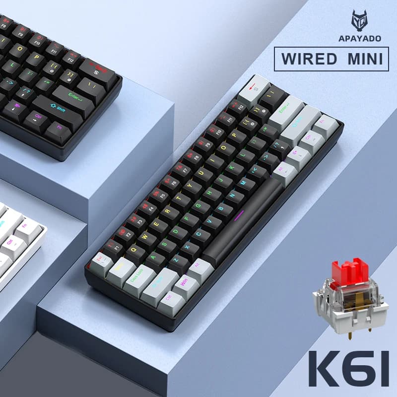 لوحة مفاتيح ميكانيكية مصغرة APAYADO K61، سلكية، 61 مفتاح، إضاءة Phantom RGB، مفاتيح ميكانيكية سوداء/بيضاء حمراء/زرقاء للألعاب، محمولة بنسبة 60% - 4