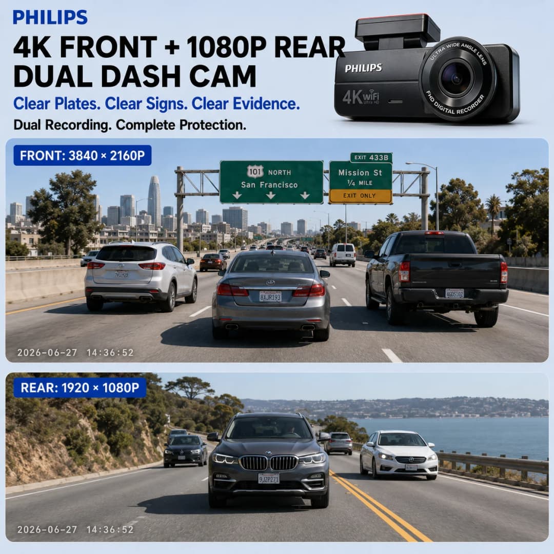 PHILIPS Dash Cam B08 4K+1K HDR Dual Front Rear Camera 1.57 Inch IPS 2.4G & 5.8G WiFi APP GPS Support 24H Parking Monitor Car DVR - 2
