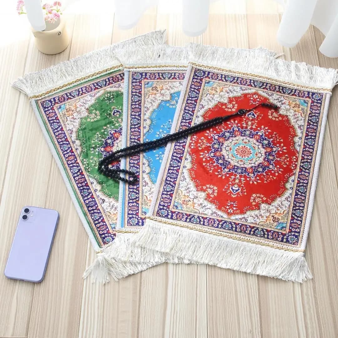 2 قطع مجموعة صغيرة محمولة سجادة صلاة مع مسبحة مسلمة 30 سم × 40 سم وسادة حرير الجليد مشبك حصيرة مسلم الإسلام التطريز السجاد