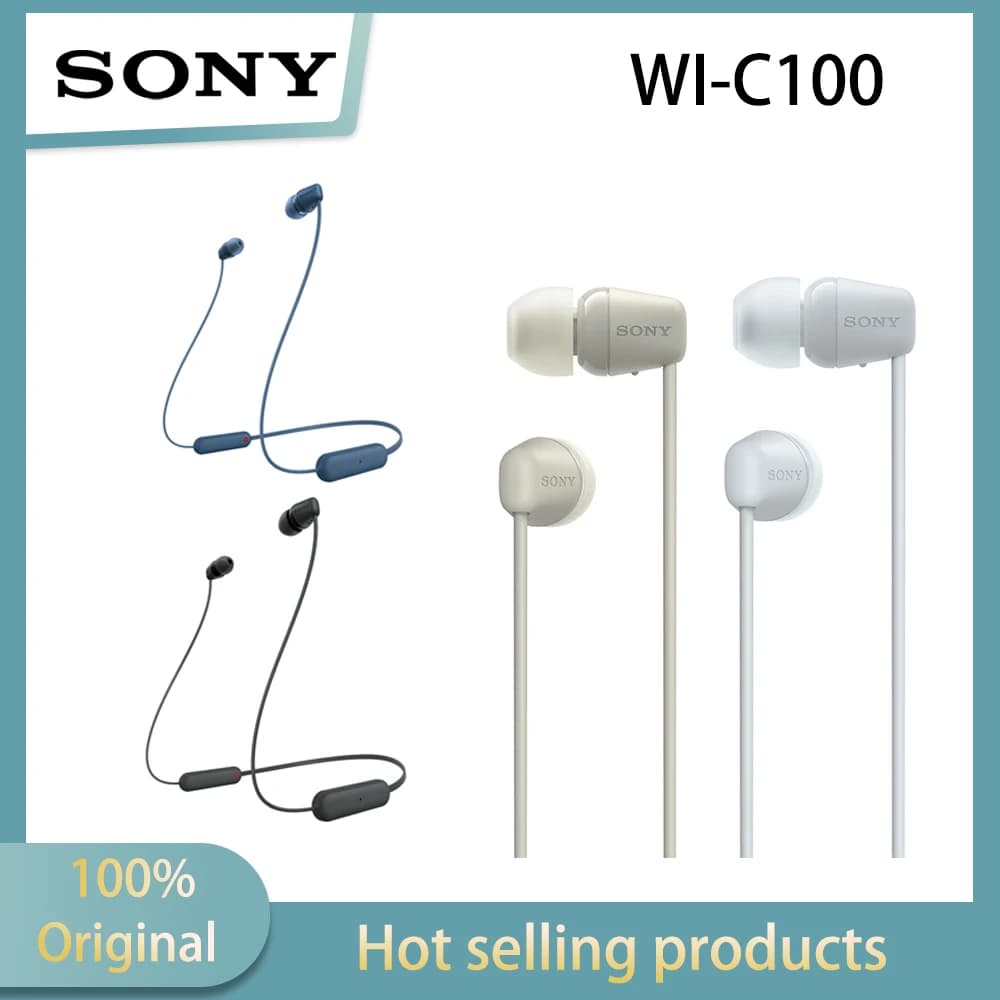 سماعات أذن بلوتوث لاسلكية ستيريو معلقة على الرقبة من SONY WI-C100 مقاومة للماء والعرق IPX4 بطارية تدوم حوالي 25 ساعة