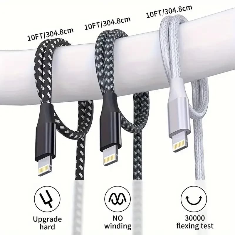 كابل LAIHONEN معتمد MFi 3 قطع 1 قطعة 10 قدم USB A إلى Lightning لآيفون 14 13 12 X XR كابل شحن سريع شاحن سلك بيانات - 6