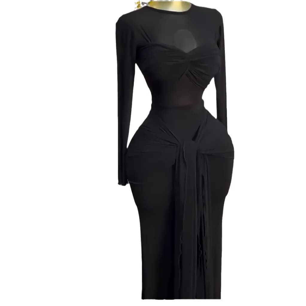 CM.YAYA Women Mesh See Though Long Sleeve Maxi Bowknot Long Dress 2025 Evening Sexy Club Party Evening High Street Dresses - 6