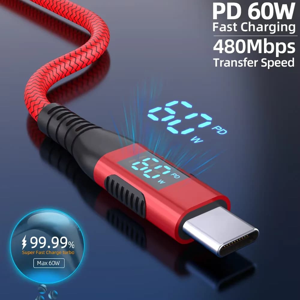 كابل عالي الجودة USB إلى Type C 60W سلك شحن سريع مع شاشة LED لهواتف Xiaomi وSamsung وأجهزة الكمبيوتر المحمولة كابل USB C بطول 1م و2م و3م - 2