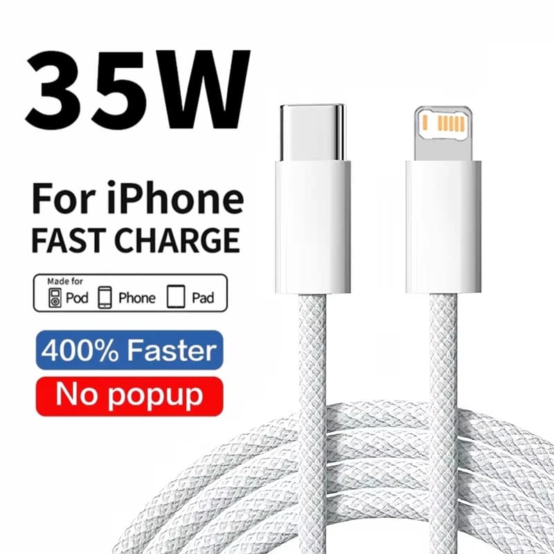 كابل شحن سريع 35 وات PD لهاتف iPhone 11 12 mini 13 Pro 14 Plus XS Max X XR 8 Plus USB-C كابلات بيانات مضفرة من النايلون للشحن السريع - 5