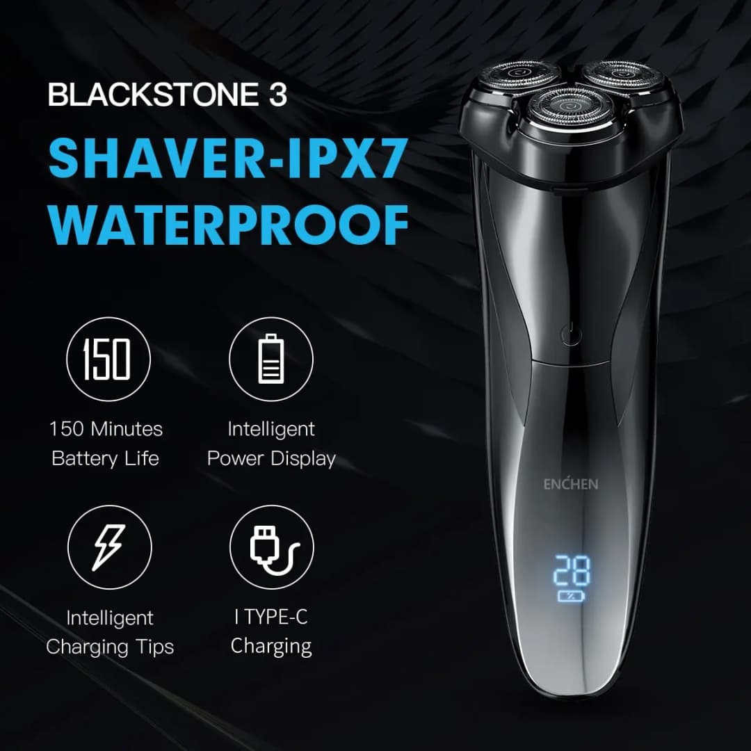 ماكينة حلاقة كهربائية ENCHEN 3D Blackstone 3 مقاومة للماء IPX7، للاستخدام الجاف والمبلل، بشاشة رقمية للوجه واللحية للرجال