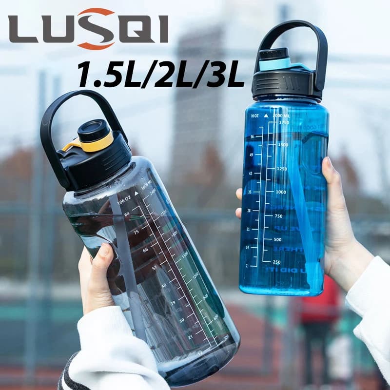 زجاجة ماء رياضية LUSQI 1.5L/2L/3L سعة كبيرة كوب بلاستيك مقاوم للتسرب مع قشة وعلامة وقت للمنزل والرياضة الخارجية