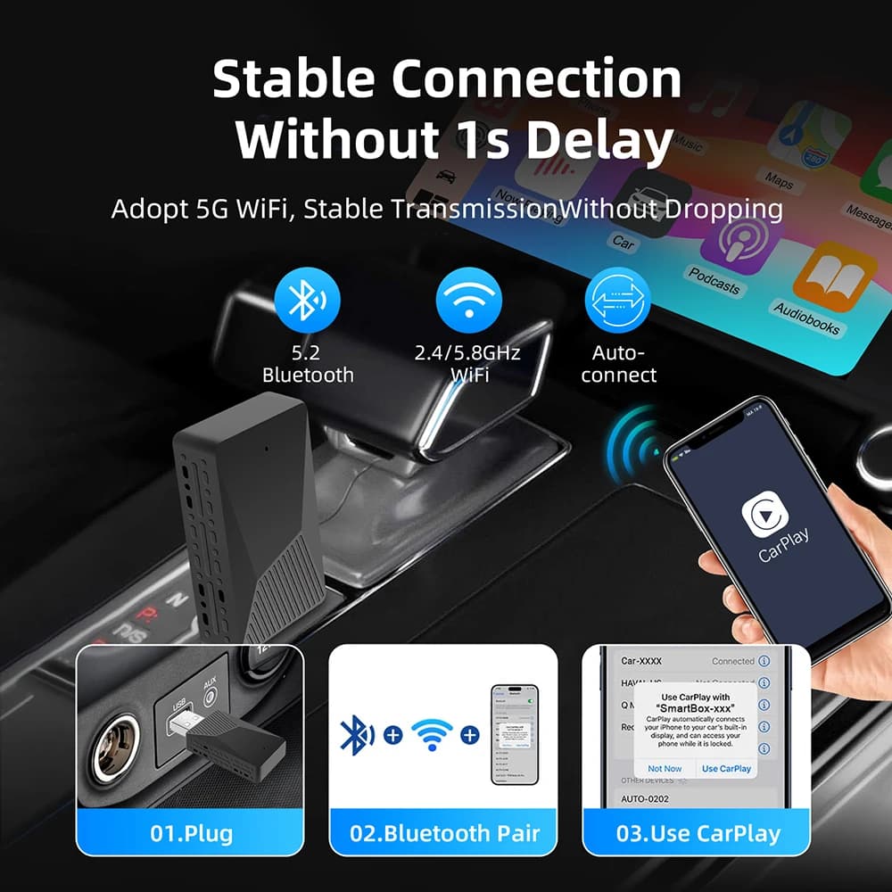 محول صغير 2 في 1، صندوق الذكاء الاصطناعي، من سلكي إلى لاسلكي Carplay وAndroid Auto، متوافق مع 99% من السيارات، تشغيل فوري، Dongle ذكي WiFi - 4