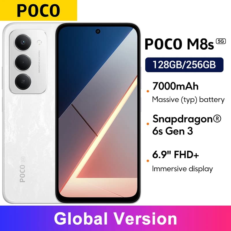 هاتف POCO M8s 5G الإصدار العالمي معالج Snapdragon® 6s من الجيل الثالث شاشة 6.9 بوصة FHD+ DotDisplay بمعدل تحديث 144 هرتز بطارية 7000 مللي أمبير كاميرا رئيسية 50 ميجابكسل