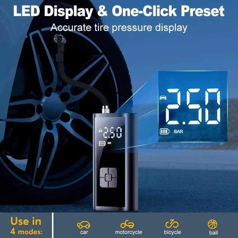 مضخة هواء لاسلكية للسيارة، ضاغط هواء، منفاخ كرات، منفاخ إطارات مع إضاءة LED، منفاخ إطارات كهربائي 150 رطل لكل بوصة مربعة للسيارات والدراجات النارية والدراجات الهوائية - 5