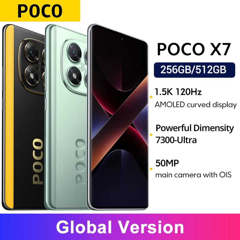 هاتف POCO X7 5G نسخة عالمية 256 جيجا بايت 512 جيجا بايت ديمينسيتي 7300-ألترا 6.67 بوصة 1.5K شاشة AMOLED منحنية 5110 مللي أمبير NFC