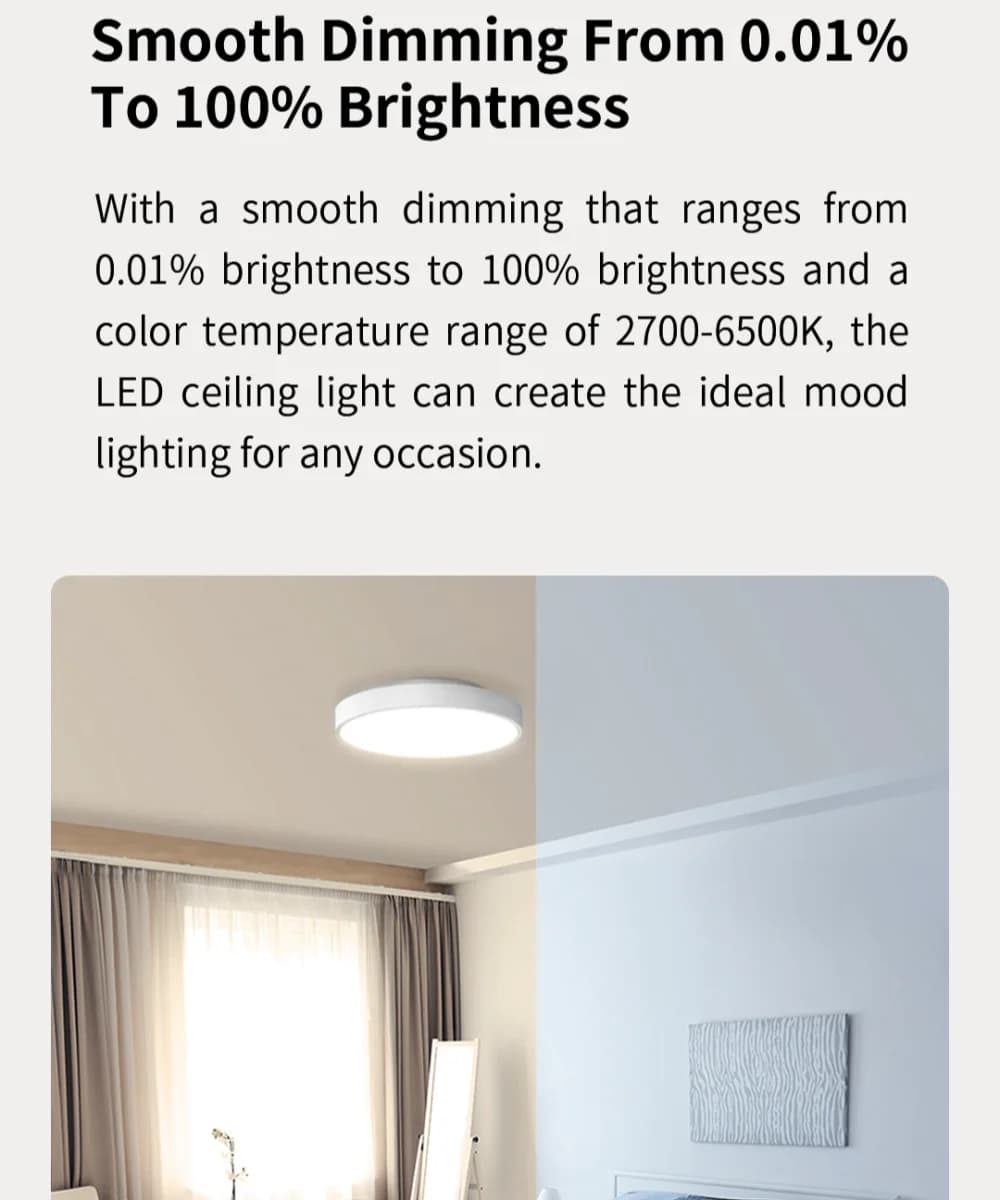 إصدار عالمي: مصباح سقف ذكي Yeelight LED PRO مع اتصال Wifi، قابل للتعتيم، تحكم صوتي ذكي متوافق مع Apple Homekit، درجة حرارة لون 2700-6500 كلفن - 2