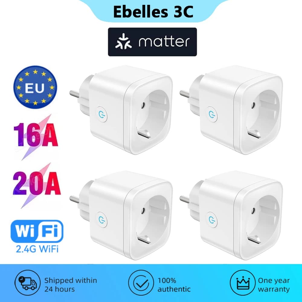 مقبس ذكي Matter واي فاي 16A/20A مقبس ذكي أوروبي محول قابس أجهزة منزلية توقيت لـ HomeKit SmartThings أليكسا جوجل سيري