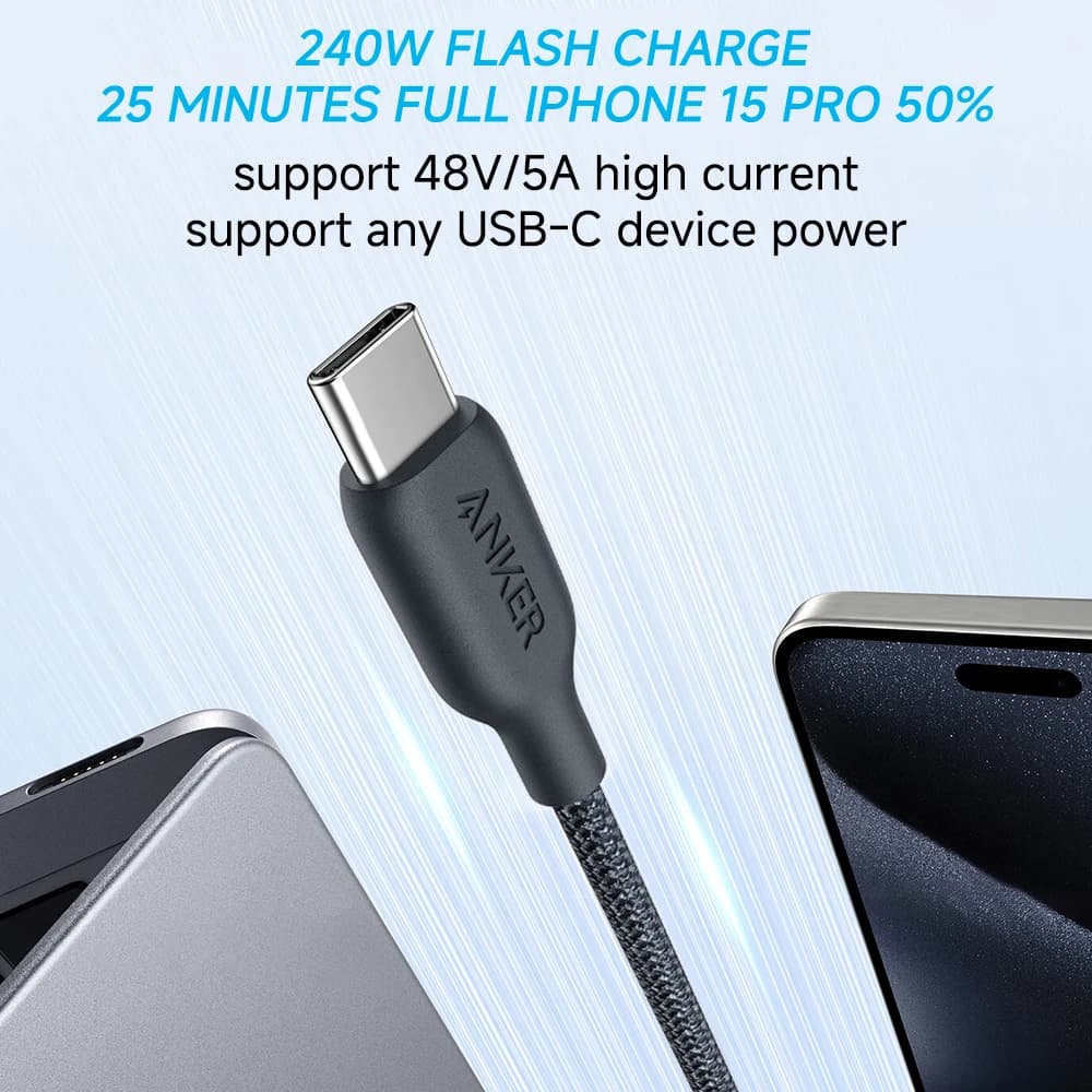 أنكر كابل USB-C إلى USB-C بقوة 240 واط، كابل بيانات من النايلون الحيوي المضفر صديق للبيئة لهواتف آيفون 15 وآيباد برو وماك بوك وأندرويد - 3