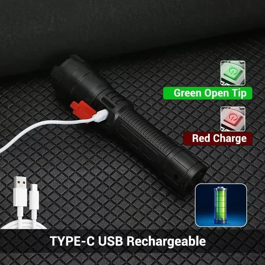 كشاف LED قوي، كشاف تكتيكي، مصباح فائق السطوع، شحن USB، مناسب للتخييم والصيد - 4
