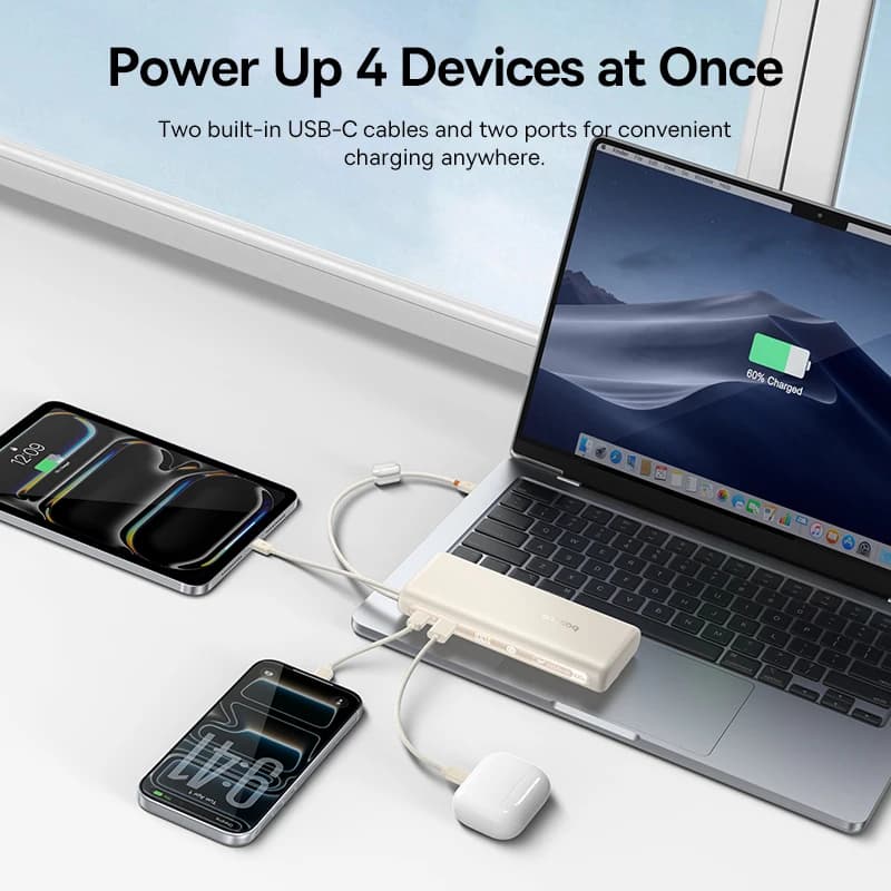 بنك طاقة من Baseus بسعة 20000 مللي أمبير وسعة 100 واط، مزود بكابل USB-C مزدوج مدمج للشحن السريع، وشاشة عرض رقمية، متوافق مع آيفون 17 برو ماكس وسامسونج - 5