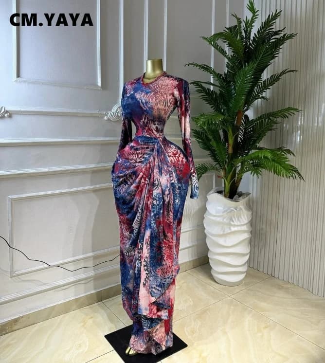 CM.YAYA Women Print O-neck Ruched Ribbon Bodycon Long Dress 2026 Spring Street Evening Birthday Club Party Vestidos Sexy Dresses - 6