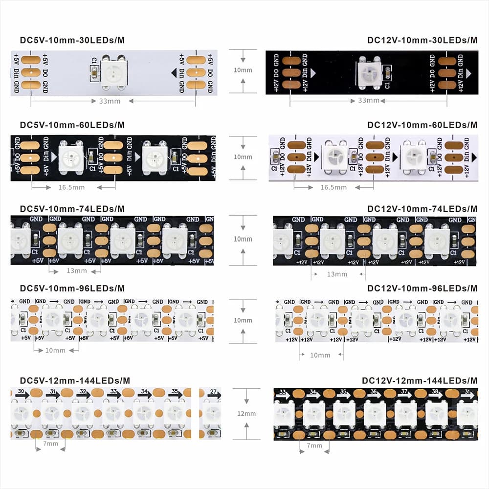 DC5V/12V WS2812B addressable LED strip, 5050 RGB LED strip, WS2812 smart LED light black/ white PCB, waterproof (IP30/IP65/IP67) - 2